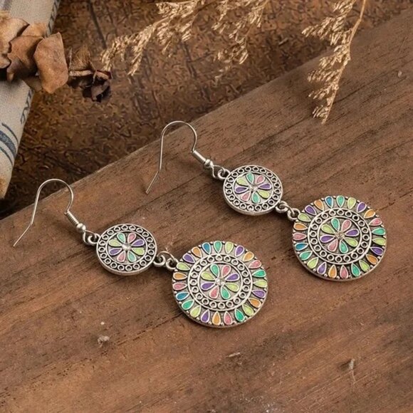 Boho Dangle Earrings Round Double Circle Medallion Hook Earrings - Picture 5 of 5